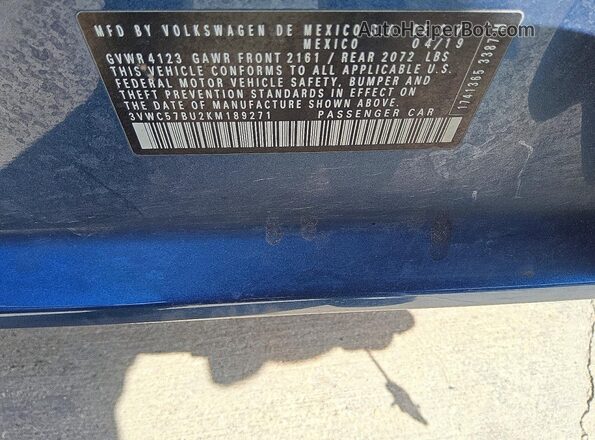 3VWC57BU2KM189271 2019 VOLKSWAGEN JETTA Blue Շարժիչի բաժամունքի տեսք