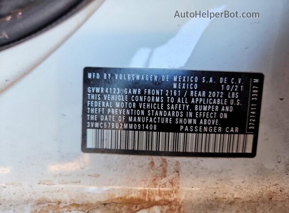 3VWC57BU2MM091408 2021 VOLKSWAGEN JETTA White VIN კოდის სტიკერის ხედი