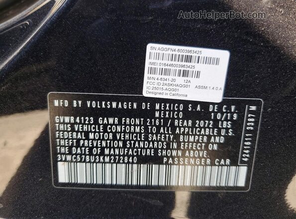 3VWC57BU3KM272840 2019 VOLKSWAGEN JETTA Black VIN sticker view