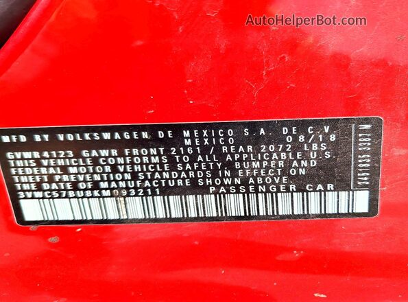 3VWC57BU8KM093211 2019 VOLKSWAGEN JETTA Red Շարժիչի բաժամունքի տեսք