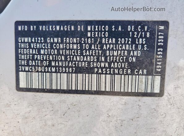 3VWC57BU9KM139967 2019 VOLKSWAGEN JETTA Gray VIN sticker view