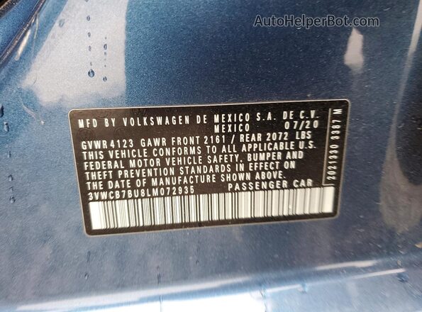 3VWCB7BU8LM072935 2020 VOLKSWAGEN JETTA Blue Вид підкапотного простору
