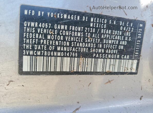 3VWCM7BU6NM014755 2022 VOLKSWAGEN JETTA Silver Vista de la etiqueta del VIN