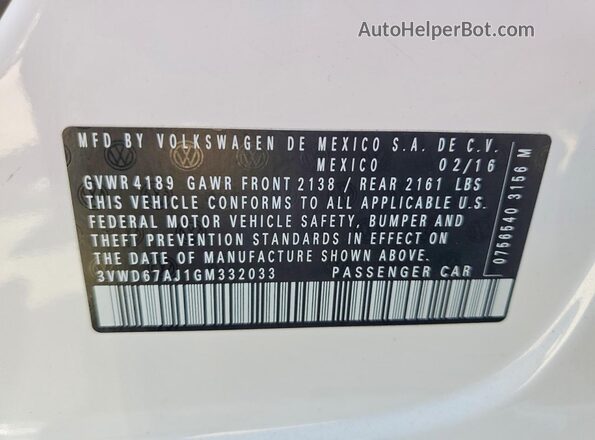 3VWD67AJ1GM332033 2016 VOLKSWAGEN JETTA White Շարժիչի բաժամունքի տեսք