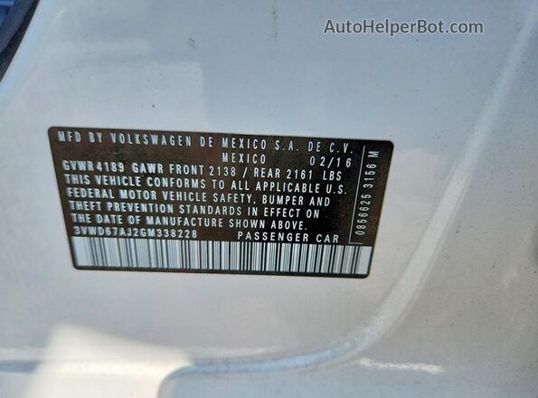 3VWD67AJ2GM338228 2016 VOLKSWAGEN JETTA Белый Вид наклейки с VIN-кодом