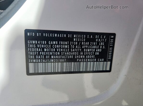 3VWDB7AJ1JM231867 2018 VOLKSWAGEN JETTA White VIN կոդի պիտակի տեսք