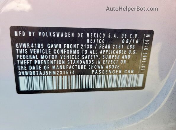 3VWDB7AJ5HM231574 2017 VOLKSWAGEN JETTA White Vista del compartimento del motor