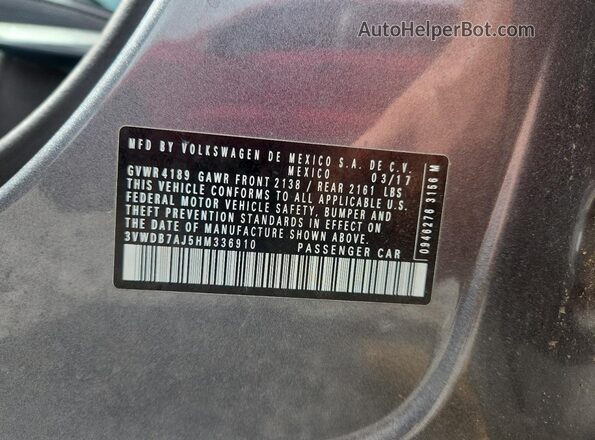 3VWDB7AJ5HM336910 2017 VOLKSWAGEN JETTA Silver ძრავის განყოფილების ხედი