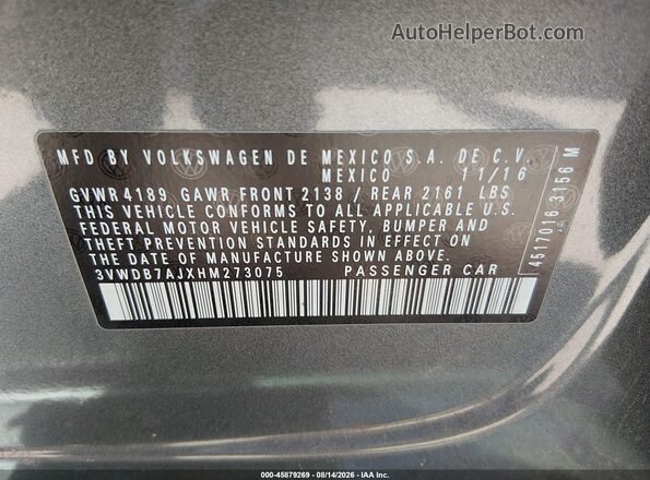 3VWDB7AJXHM273075 2017 VOLKSWAGEN JETTA Blue Widok komory silnika