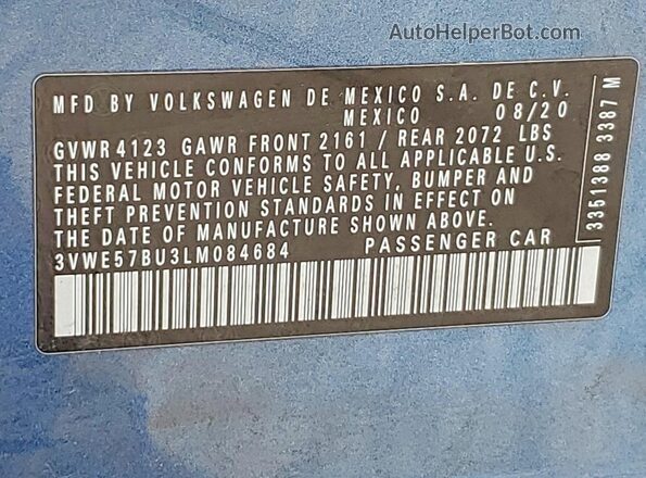 3VWE57BU3LM084684 2020 VOLKSWAGEN JETTA Blue Widok naklejki z numerem VIN