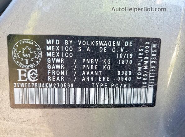 3VWE57BU4KM270569 2019 VOLKSWAGEN JETTA Silver Вид наклейки з VIN-кодом