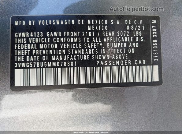 3VWG57BU5MM078881 2021 VOLKSWAGEN JETTA Gray Vista del compartimento del motor