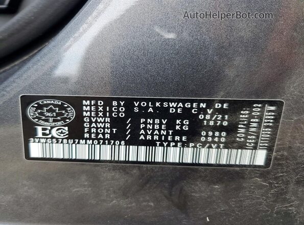 3VWG57BU7MM071706 2021 VOLKSWAGEN JETTA Gray ძრავის განყოფილების ხედი