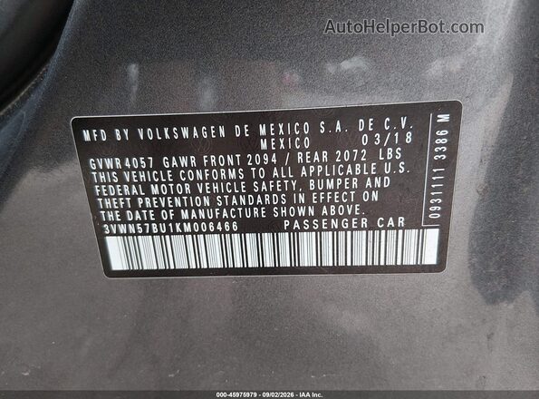3VWN57BU1KM006466 2019 VOLKSWAGEN JETTA Серебряный Вид подкапотного пространства