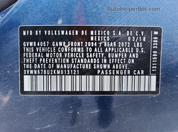 3VWN57BU2KM013121 2019 VOLKSWAGEN JETTA Blue Vista del compartimento del motor