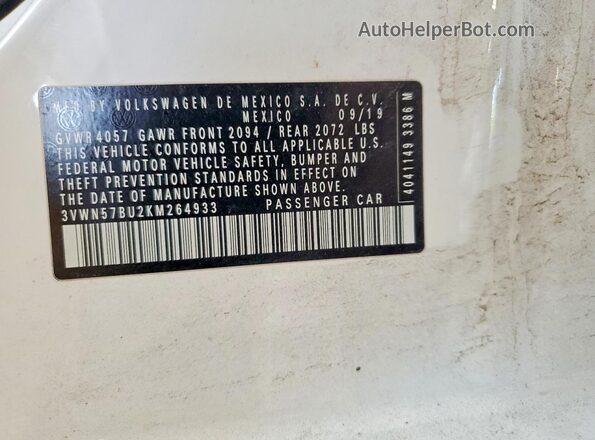 3VWN57BU2KM264933 2019 VOLKSWAGEN JETTA White Շարժիչի բաժամունքի տեսք