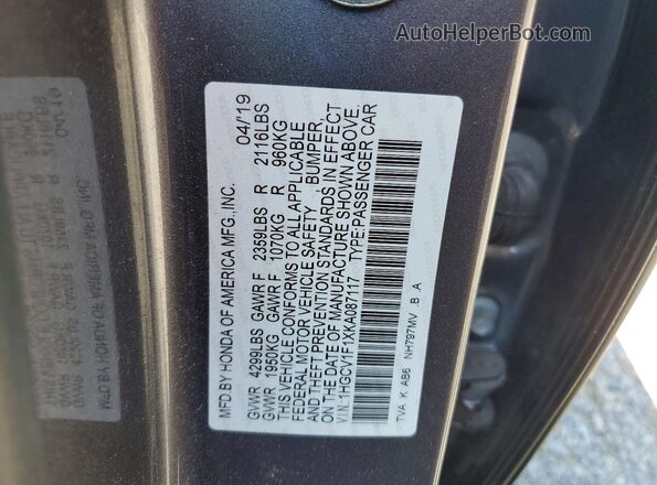 1HGCV1F1XKA087117 2019 HONDA ACCORD Gray VIN კოდის სტიკერის ხედი