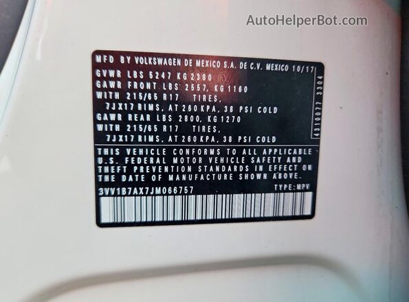 3VV1B7AX7JM066757 2018 VOLKSWAGEN TIGUAN White Vista interior de 360 grados