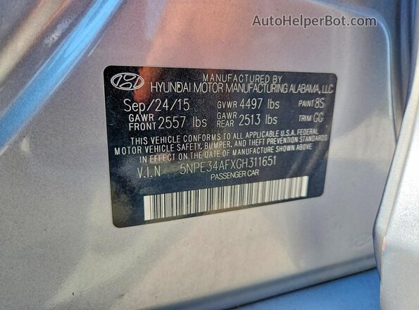 5NPE34AFXGH311651 2016 HYUNDAI SONATA Silver Widok naklejki z numerem VIN