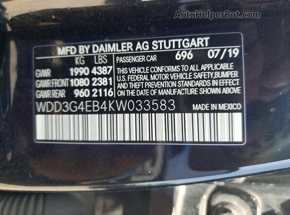 WDD3G4EB4KW033583 2019 MERCEDES-BENZ A-CLASS Black VIN կոդի պիտակի տեսք