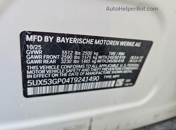 5UX53GP04T9241490 2026 BMW X3 White Vista interior de 360 grados