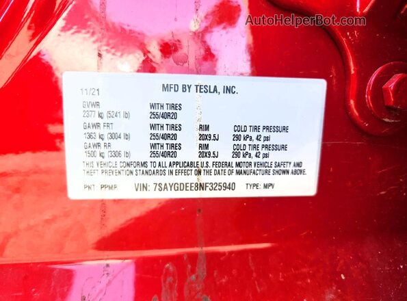 7SAYGDEE8NF325940 2022 TESLA MODEL Red Vista interior de 360 grados