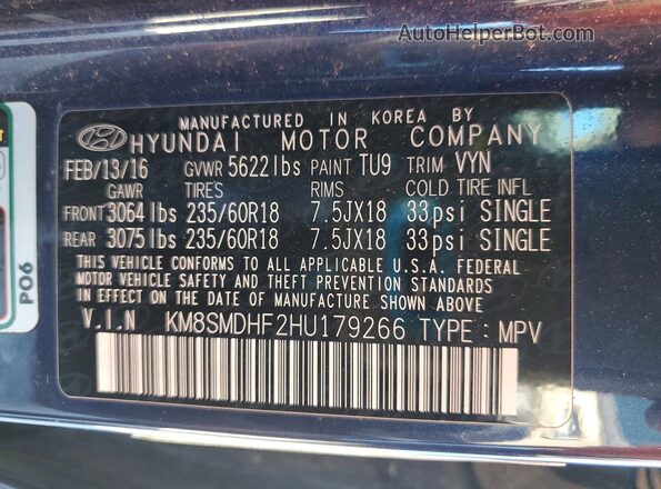 KM8SMDHF2HU179266 2017 HYUNDAI SANTA Blue Widok wnętrza 360 stopni