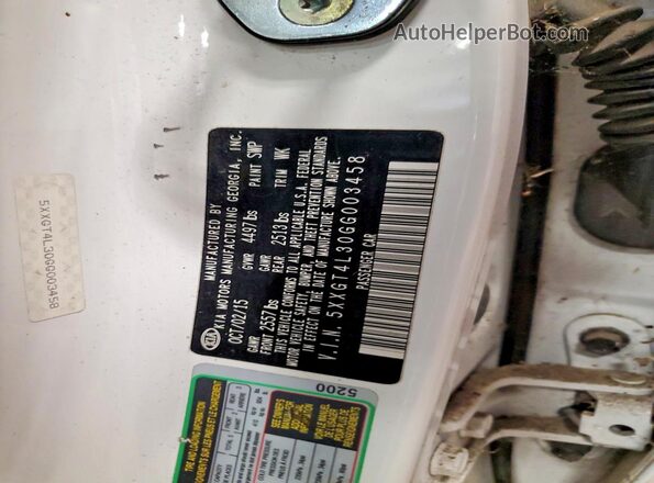 5XXGT4L30GG003458 2016 KIA OPTIMA White VIN կոդի պիտակի տեսք