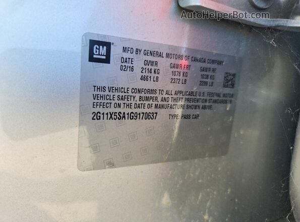 2G11X5SA1G9170637 2016 CHEVROLET IMPALA Silver VIN კოდის სტიკერის ხედი