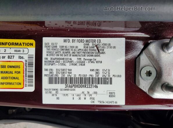 3FA6P0HD0HR332146 2017 FORD FUSION Maroon VIN კოდის სტიკერის ხედი