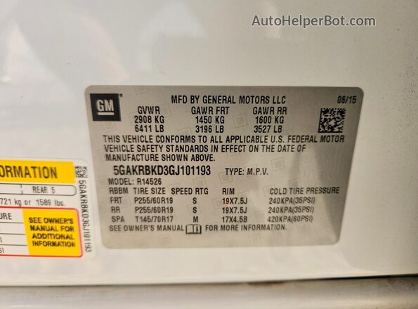 5GAKRBKD3GJ101193 2016 BUICK ENCLAVE White სალონის 360-გრადუსიანი ხედი