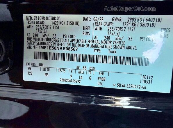 1FTMF1E50NKE08567 2022 FORD F150 Black უკანა სალონის ხედი