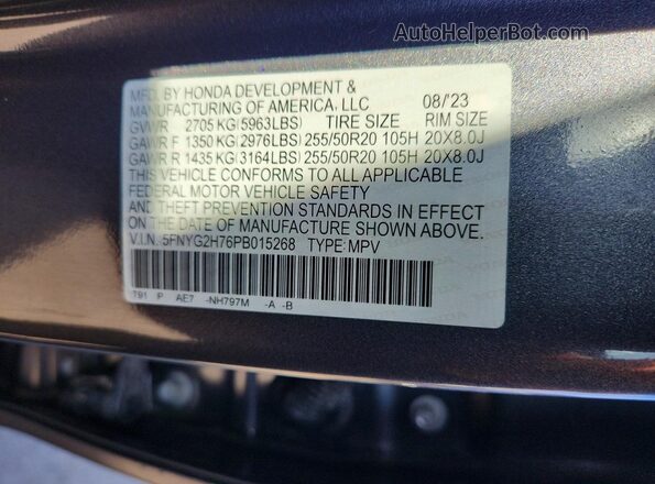 5FNYG2H76PB015268 2023 HONDA PILOT Gray Vista interior de 360 grados