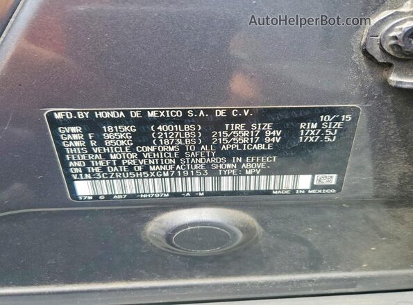 3CZRU5H5XGM719153 2016 HONDA HR-V Gray Vista de la etiqueta del VIN