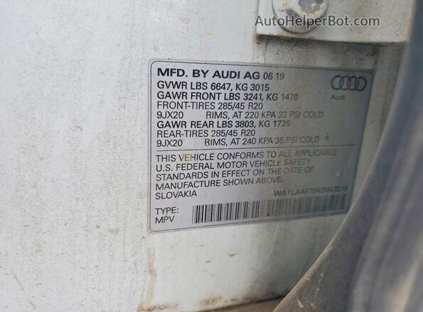 WA1LAAF79KD047215 2019 AUDI Q7 White VIN sticker view