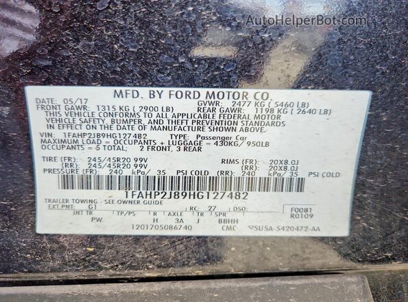 1FAHP2J89HG127482 2017 FORD TAURUS Black VIN կոդի պիտակի տեսք