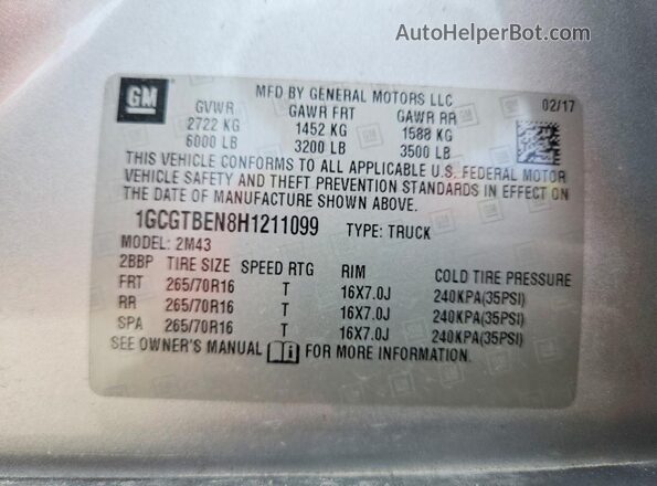1GCGTBEN8H1211099 2017 CHEVROLET COLORADO Серебряный Вид наклейки с VIN-кодом