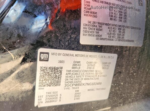 3GCPWBEK7NG103499 2022 CHEVROLET SILVERADO Black Vista de la etiqueta del VIN