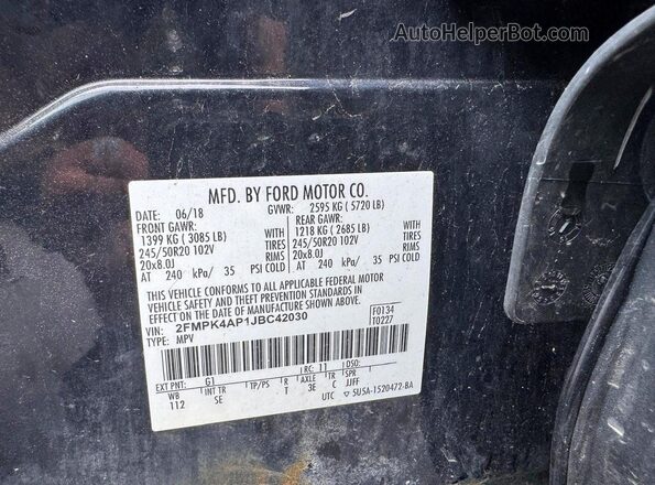2FMPK4AP1JBC42030 2018 FORD EDGE Black Vista interior de 360 grados
