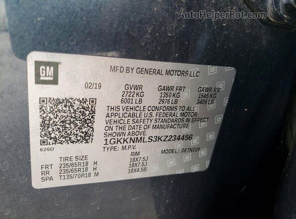 1GKKNMLS3KZ234456 2019 GMC ACADIA Серый Панорамный вид салона 360°