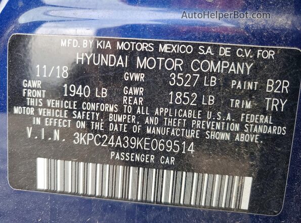 3KPC24A39KE069514 2019 HYUNDAI ACCENT Blue Вид наклейки з VIN-кодом