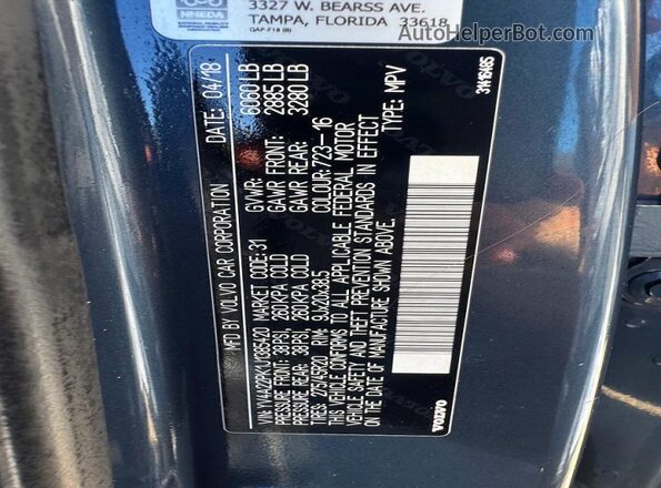YV4A22PK1J1385420 2018 VOLVO XC90 Gray VIN sticker view