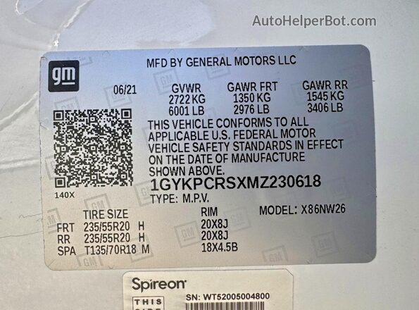 1GYKPCRSXMZ230618 2021 CADILLAC XT6 White 