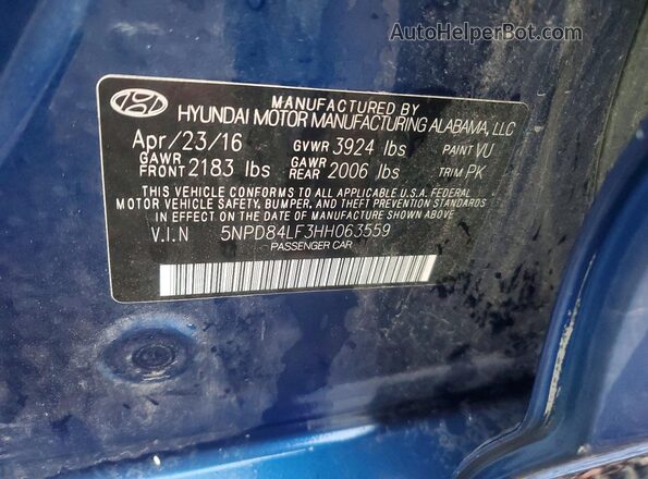 5NPD84LF3HH063559 2017 HYUNDAI ELANTRA Blue Vista de la etiqueta del VIN