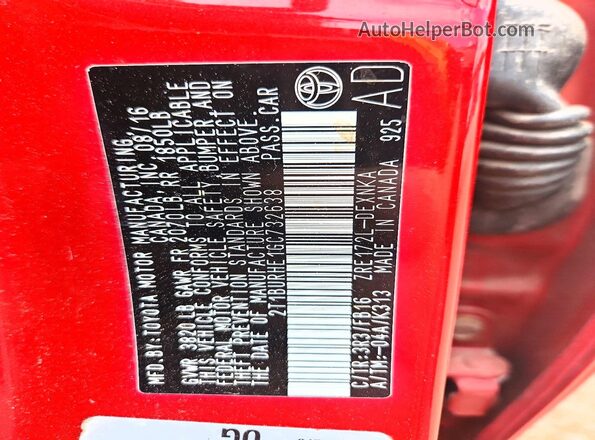 2T1BURHE1GC732638 2016 TOYOTA COROLLA Red VIN კოდის სტიკერის ხედი