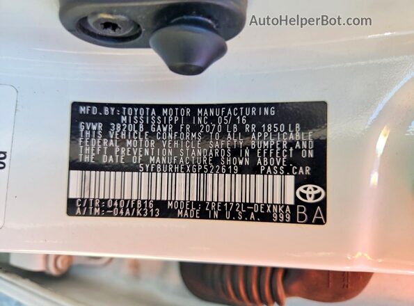 5YFBURHEXGP522619 2016 TOYOTA COROLLA White VIN sticker view