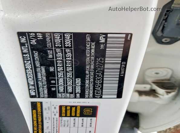 4JGDA5HB3GA762725 2016 MERCEDES-BENZ GLE White Widok naklejki z numerem VIN