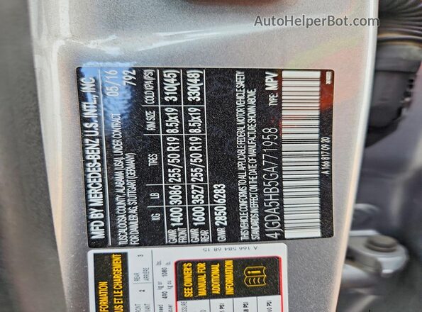 4JGDA5HB5GA771958 2016 MERCEDES-BENZ GLE Silver Вид наклейки з VIN-кодом