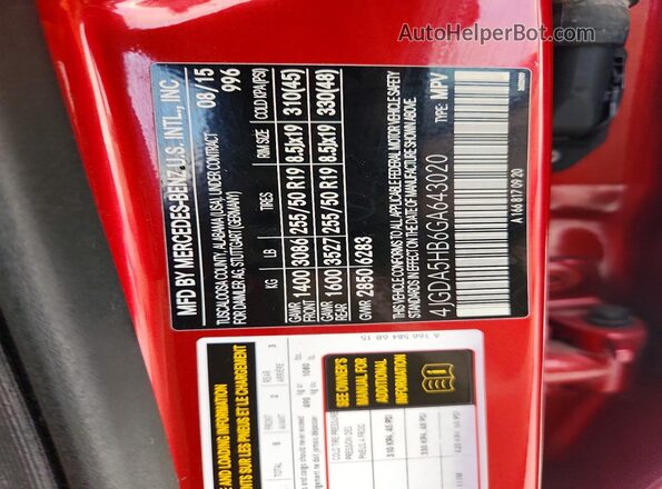 4JGDA5HB6GA643020 2016 MERCEDES-BENZ GLE Red Vista de la etiqueta del VIN