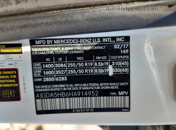 4JGDA5HB6HA914952 2017 MERCEDES-BENZ GLE White Vista de la etiqueta del VIN